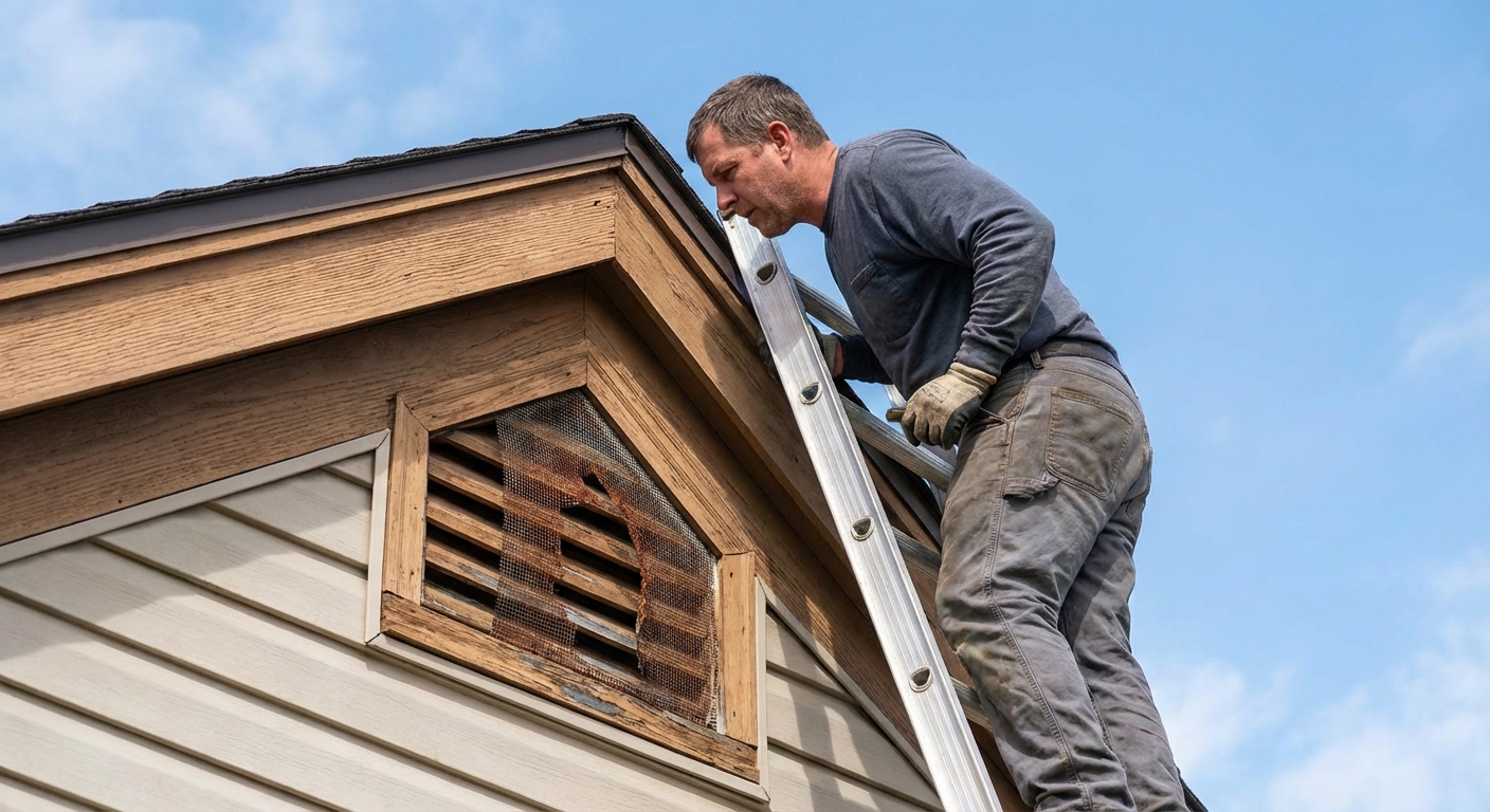 A homeowner on a ladder inspecting a gable vent with a damaged metal screen, with a roofline and blue sky in the background