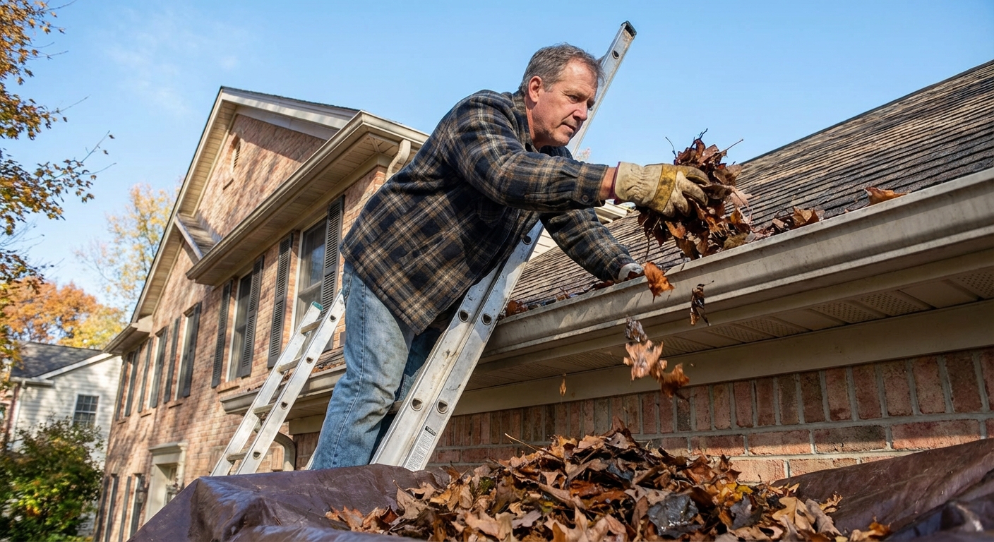 A homeowner on a ladder wearing gloves cleaning leaves out of a house gutter on a clear day, realistic home maintenance photograph