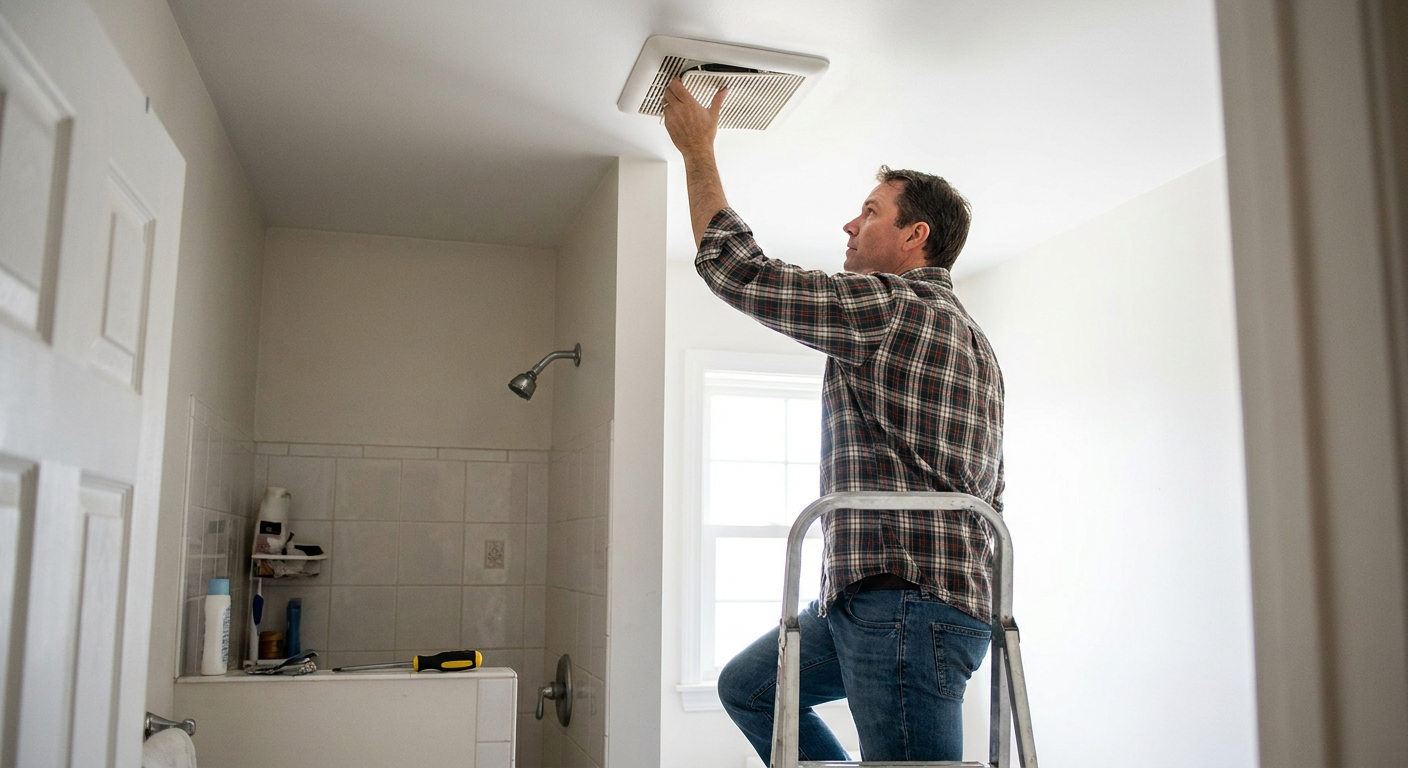 A homeowner on a step ladder removing a bathroom exhaust fan grille from a white ceiling with a screwdriver nearby, real photo