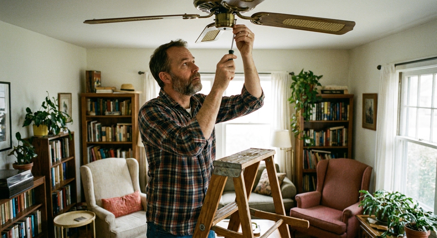 A homeowner on a step ladder using a screwdriver to tighten screws on a ceiling fan blade bracket, real indoor living room photo