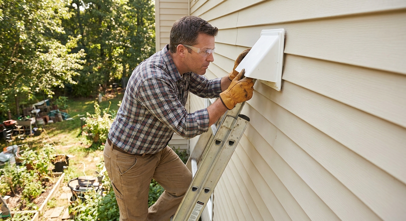 A homeowner on an extension ladder inspecting a white exterior vent hood on a house wall, wearing gloves and safety glasses in daylight