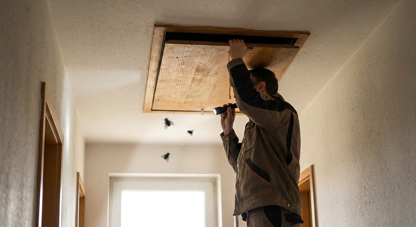 A homeowner opening an attic hatch while several slow-moving dark flies hover near the ceiling, indoor home photo