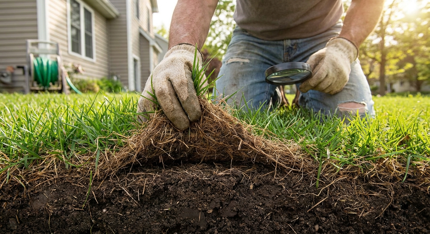 A homeowner parting grass to inspect the thatch layer near the soil surface in a backyard lawn