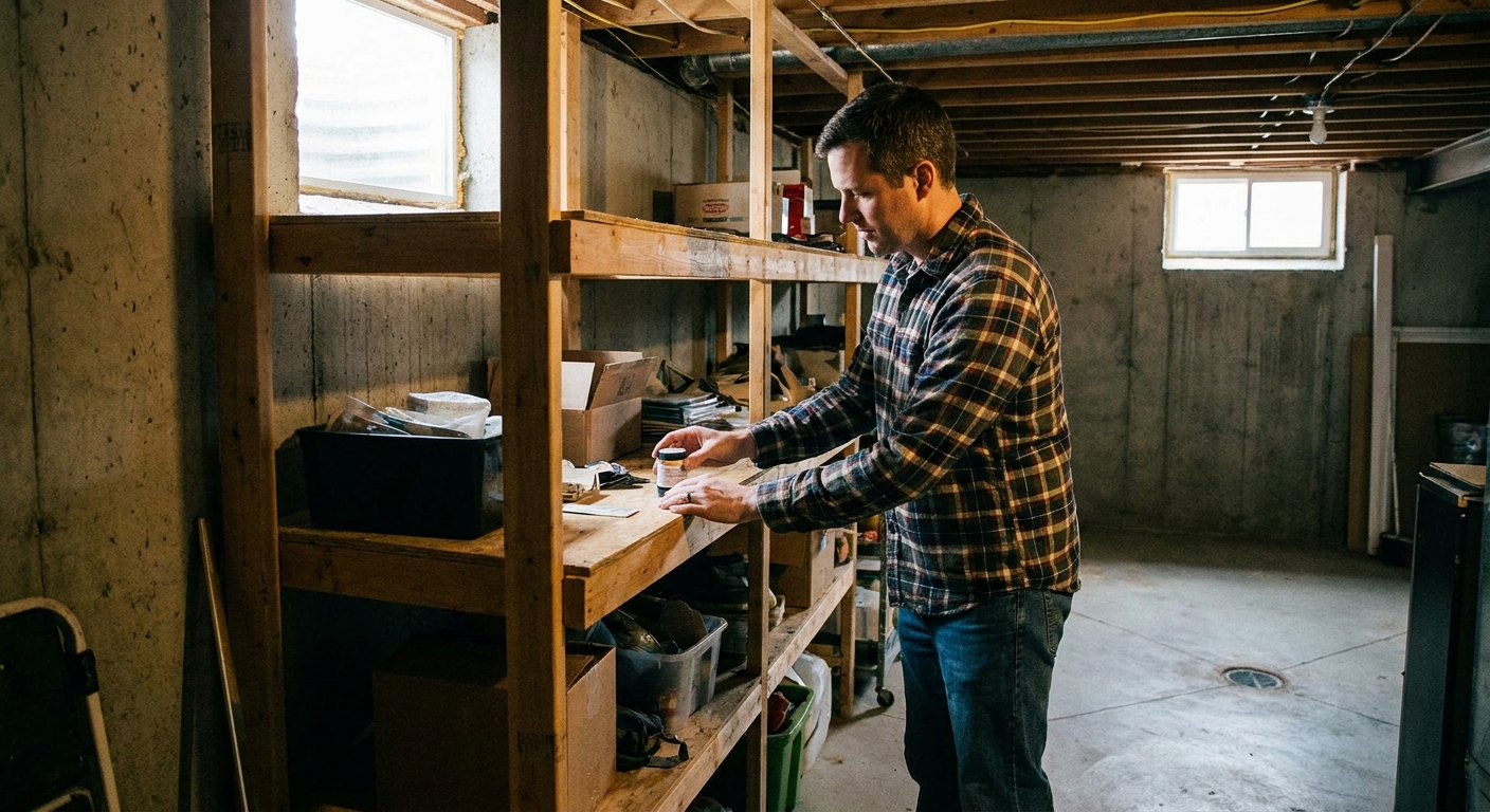 A homeowner placing a radon test kit on a shelf in an unfinished basement away from walls and floor drains, natural indoor lighting, real photo