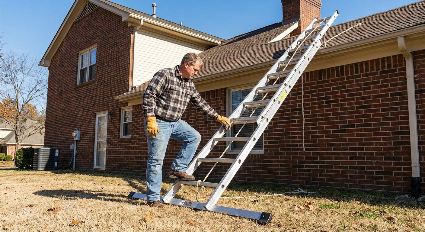 A homeowner positioning an extension ladder securely against a house at the roof edge on a dry day, real photo