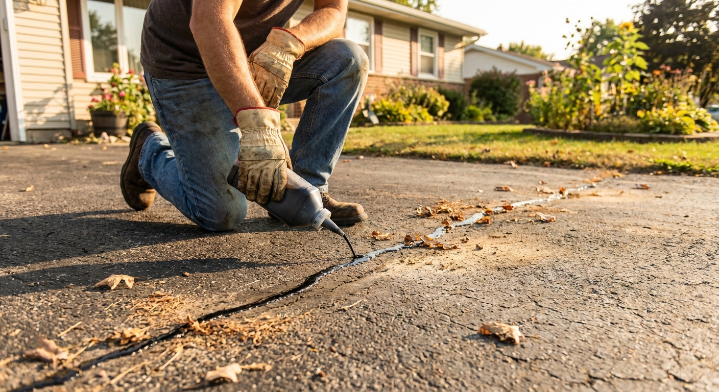 A homeowner pouring crack filler into a narrow crack on an asphalt driveway on a dry afternoon