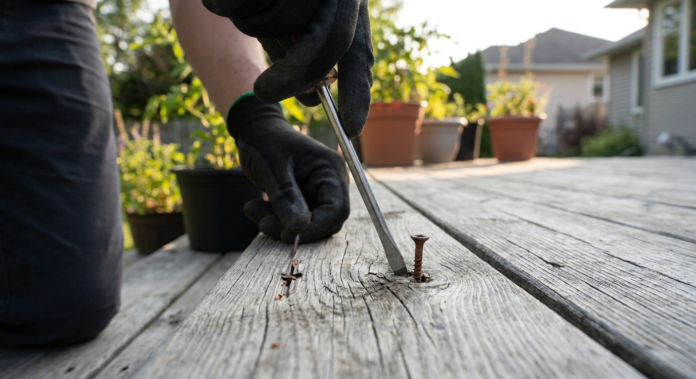 A homeowner pressing a flathead screwdriver into a weathered deck board near a fastener to check for soft wood, natural outdoor light