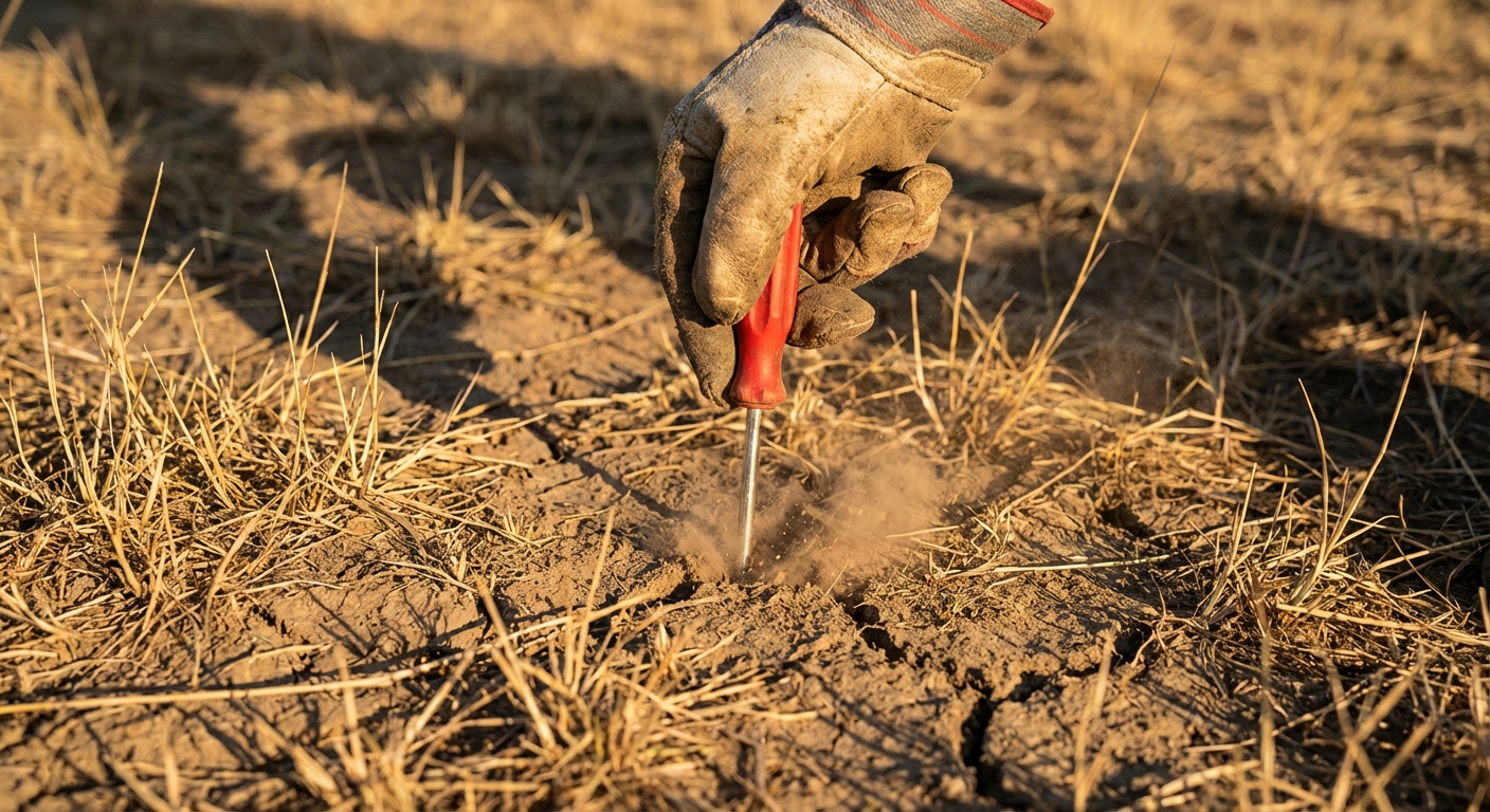 A homeowner pressing a screwdriver into a dry lawn showing hard, compacted soil with sparse grass, photographed close up in afternoon light