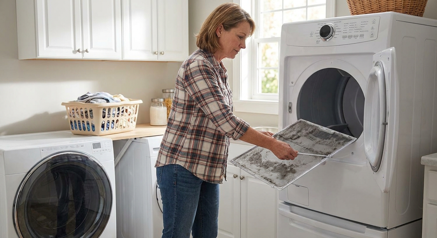 A homeowner pulling a dryer lint screen out of a residential clothes dryer in a well-lit laundry room, real photo style