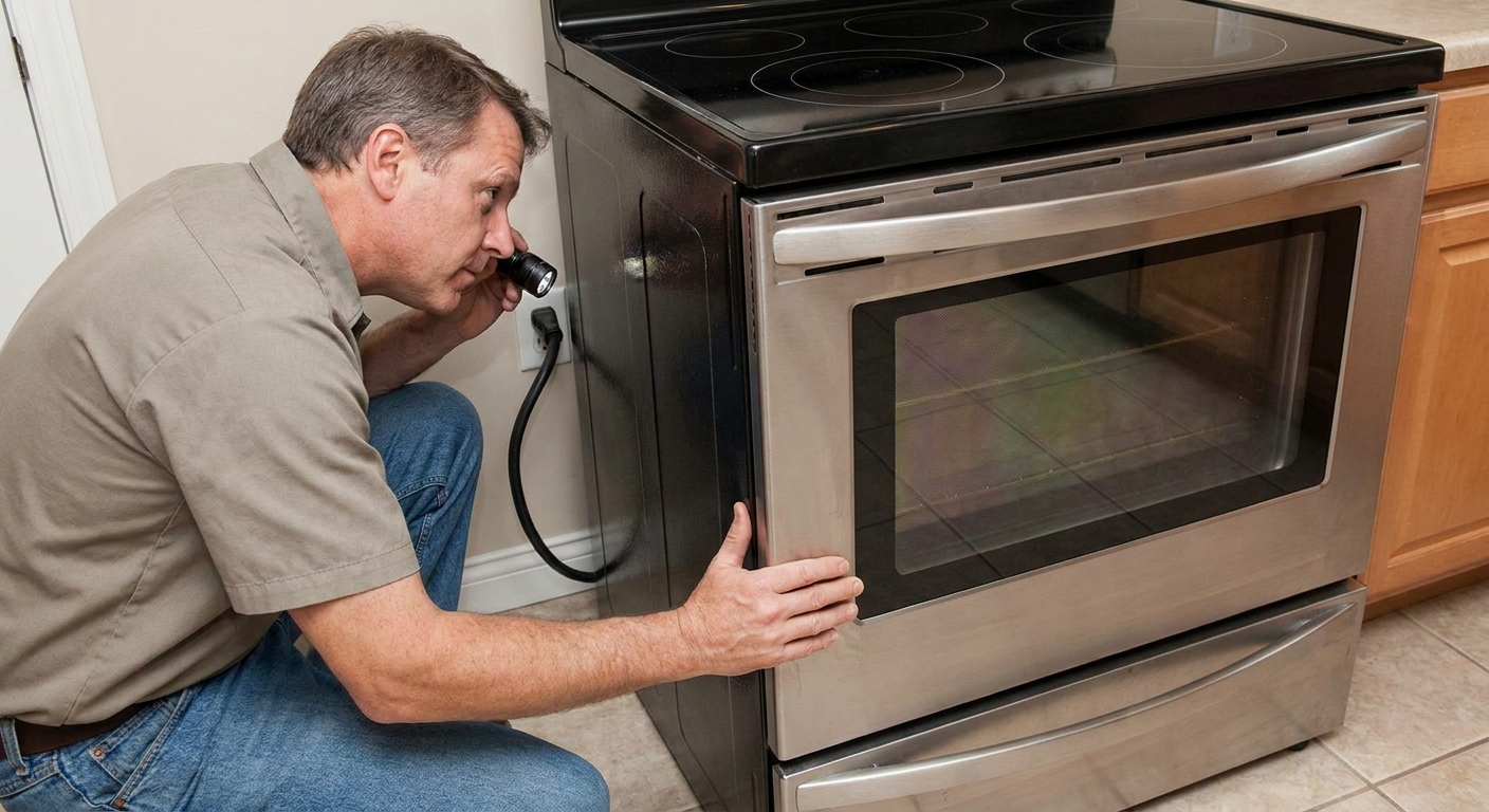 A homeowner pulling a freestanding range slightly forward to check that the power cord is fully seated in the wall outlet behind the appliance