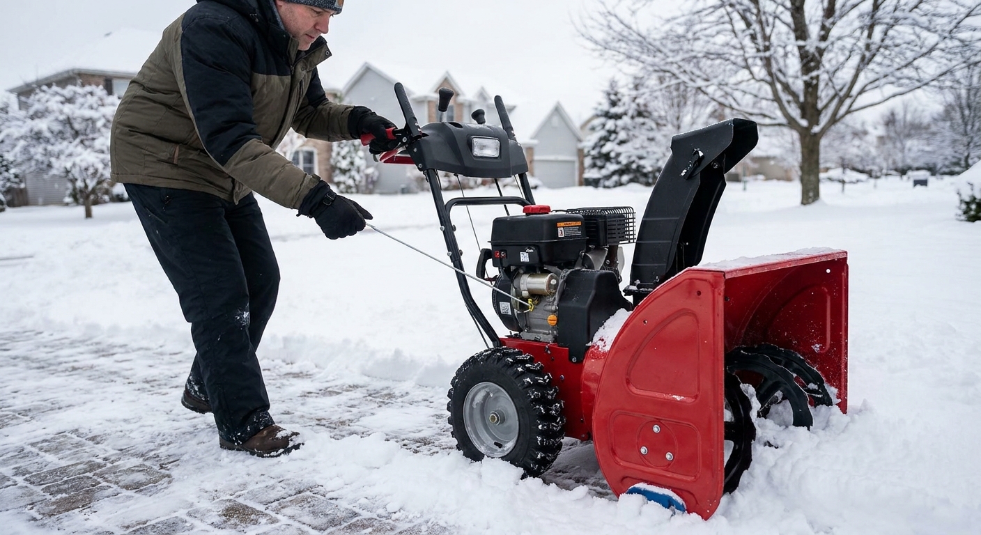 A homeowner pulling the recoil starter cord on a two-stage snow blower on a snowy driveway in daylight, real photo