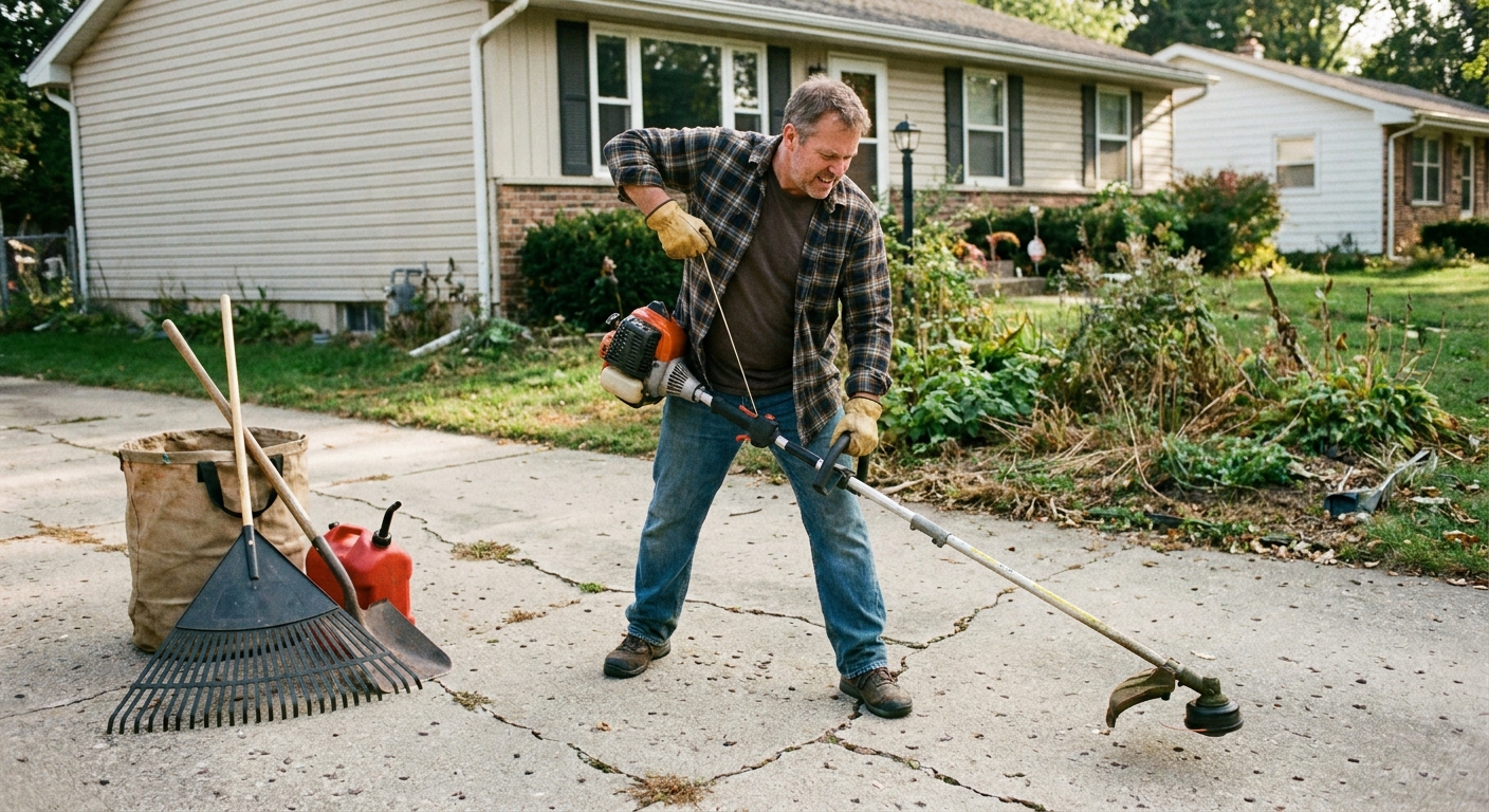 A homeowner pulling the starter cord on a gas string trimmer on a driveway beside a small pile of yard tools, natural outdoor photo