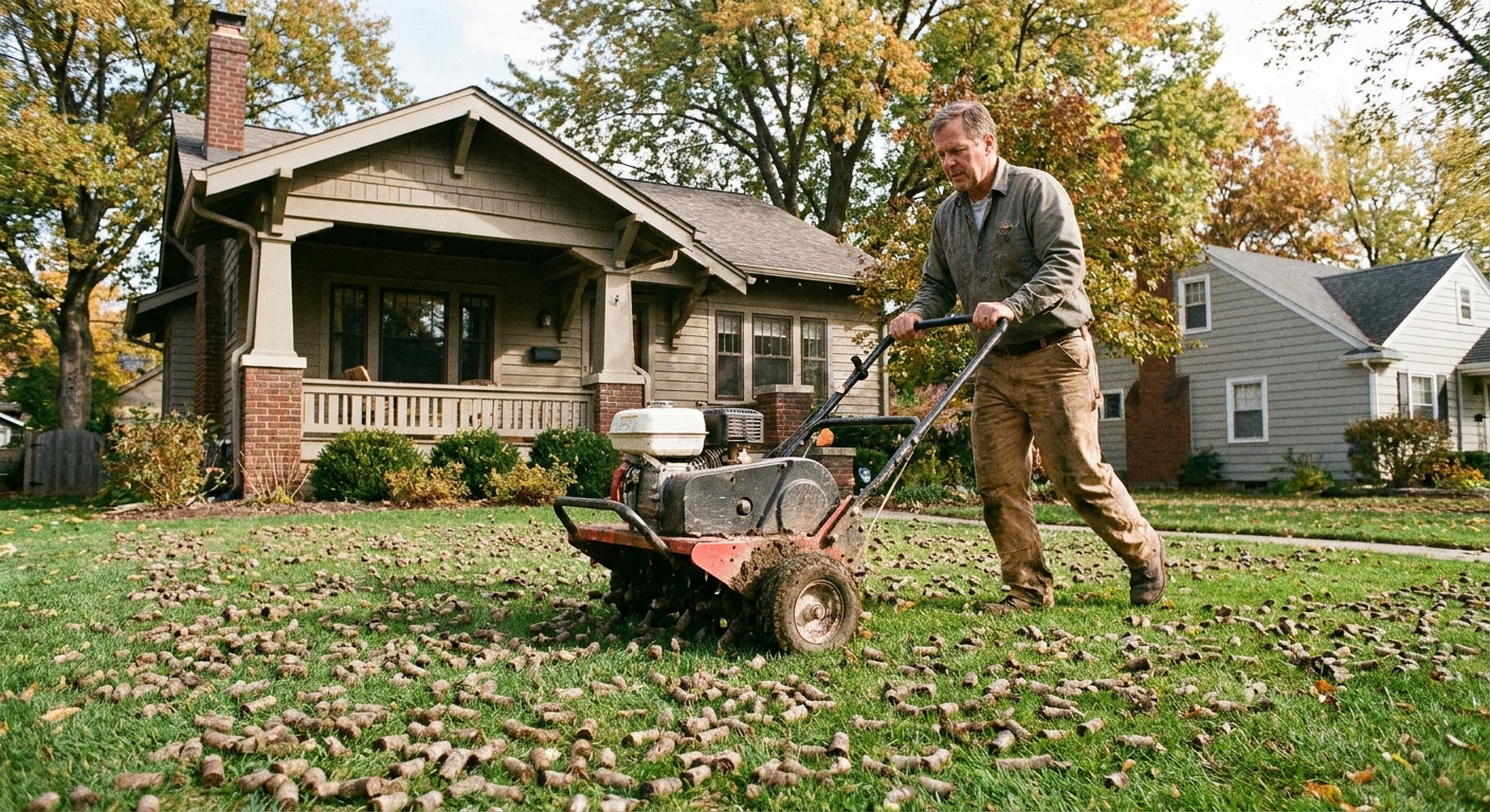 A homeowner pushing a core aerator across a suburban lawn with visible soil plugs on the surface