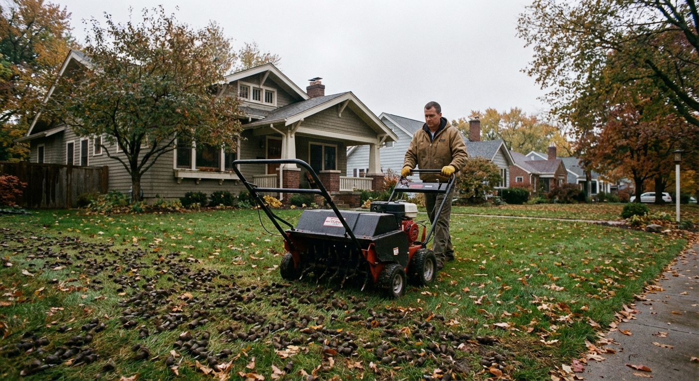 A homeowner pushing a walk-behind core aerator across a suburban front lawn on an overcast fall afternoon, with neat soil plugs visible behind the machine, photorealistic