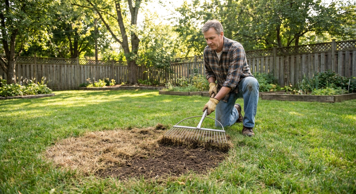 A homeowner raking a small circular patch of dead brown grass to expose soil in a backyard lawn, natural daylight photo