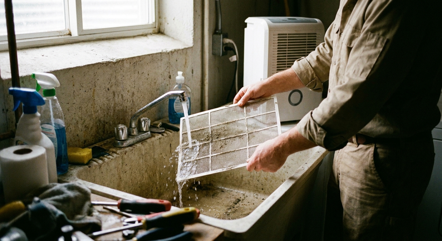 A homeowner rinsing a dehumidifier air filter under running water at a utility sink, real photo
