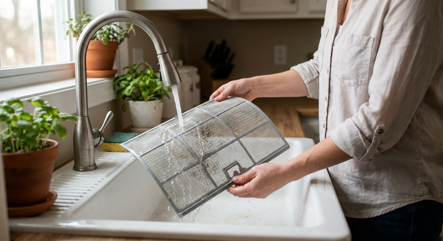 A homeowner rinsing a ductless mini-split mesh air filter under running water in a kitchen sink