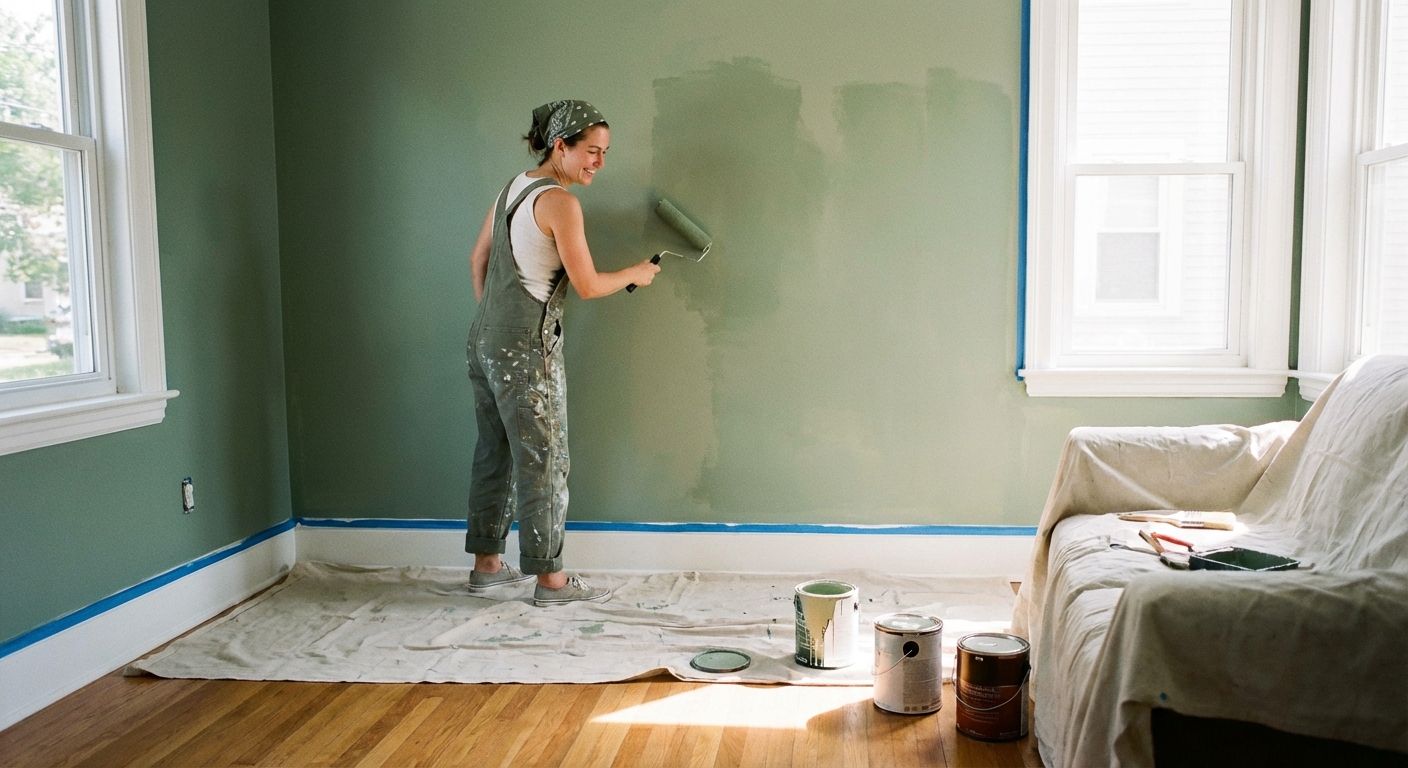 A homeowner rolling fresh paint onto a living room wall with a roller, with a drop cloth on the floor and painter's tape along the trim