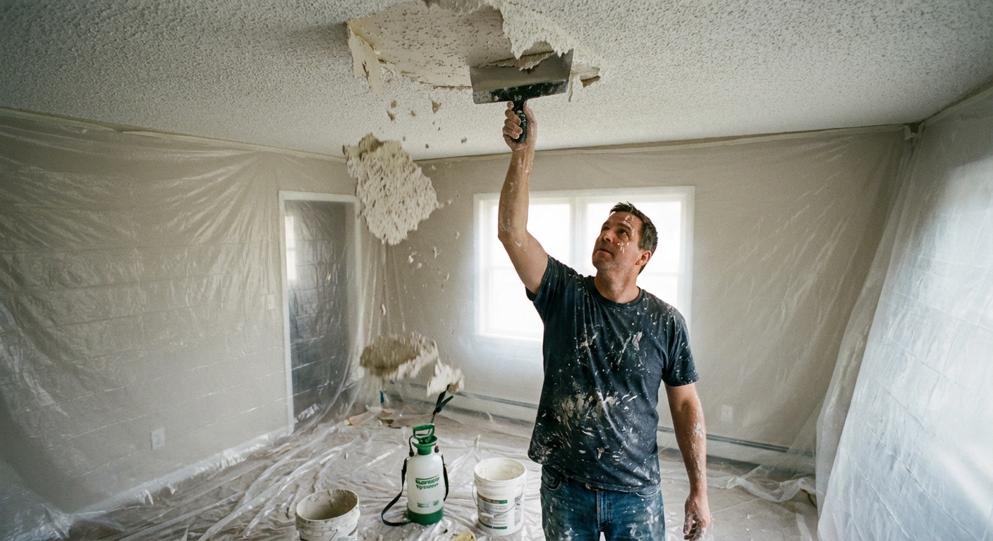 A homeowner scraping wet popcorn texture from a ceiling with a wide drywall knife while plastic sheeting covers the floor