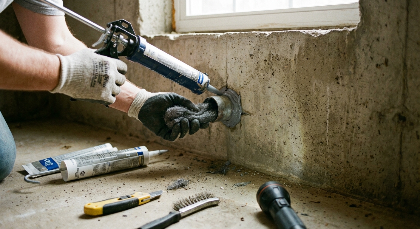 A homeowner sealing a small gap around a pipe penetration in a basement wall using steel wool and caulk, close-up photo with tools on the floor, photorealistic