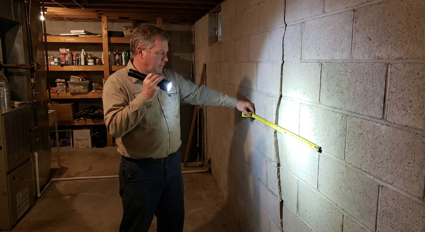 A homeowner shining a flashlight along a concrete block basement wall that is visibly curving inward, with a tape measure held near the mid-height of the wall, realistic indoor photo
