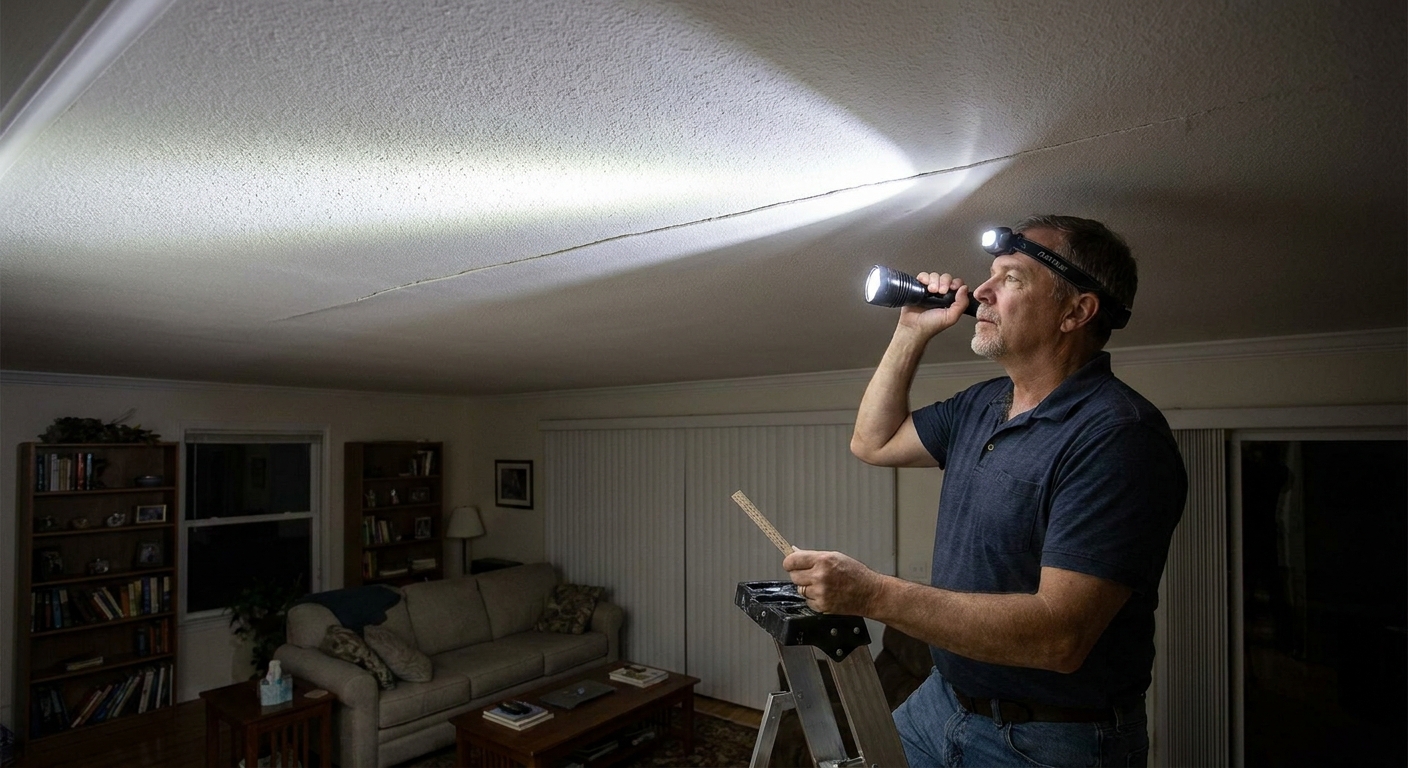A homeowner shining a flashlight along a white drywall ceiling crack in a living room to check its width and direction, real indoor photo