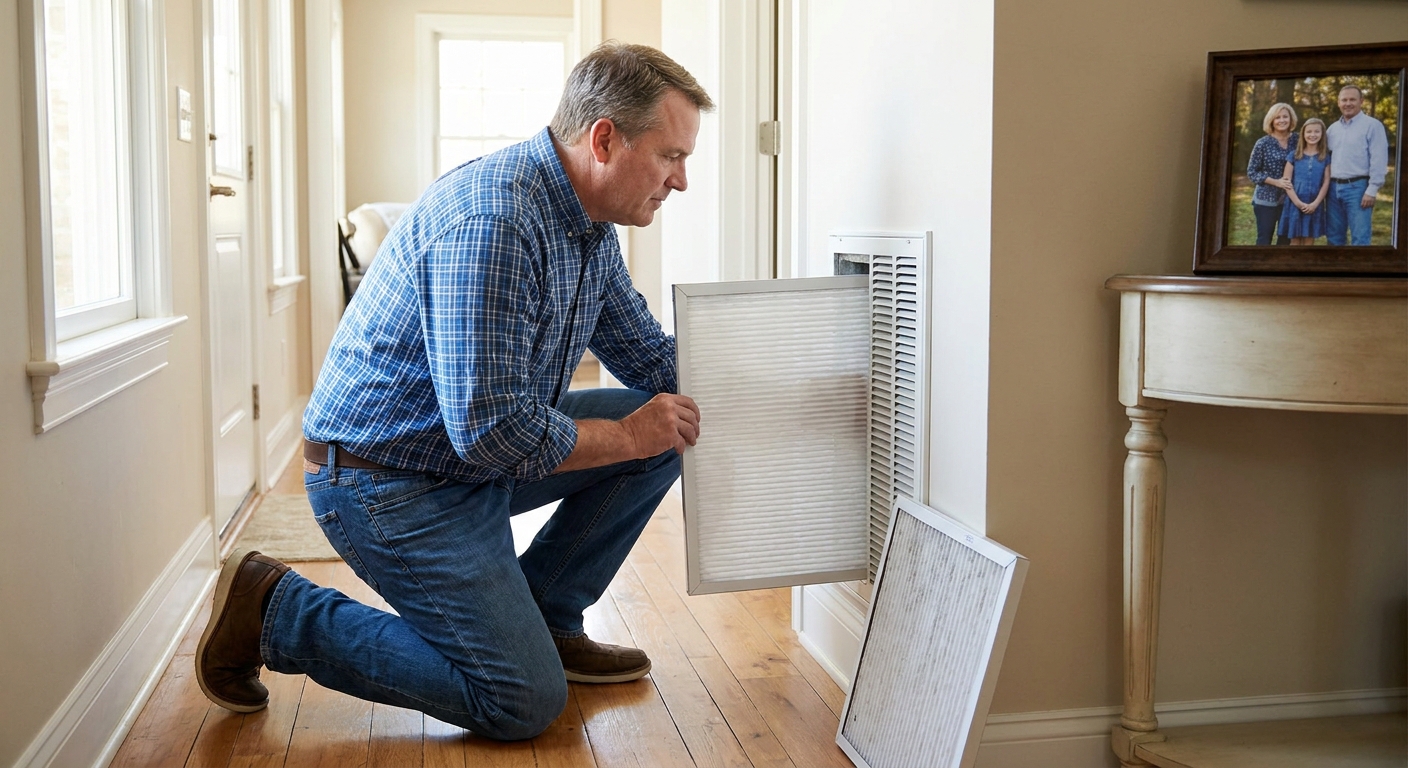 A homeowner sliding a new pleated HVAC air filter into a return grille in a hallway, real photo style