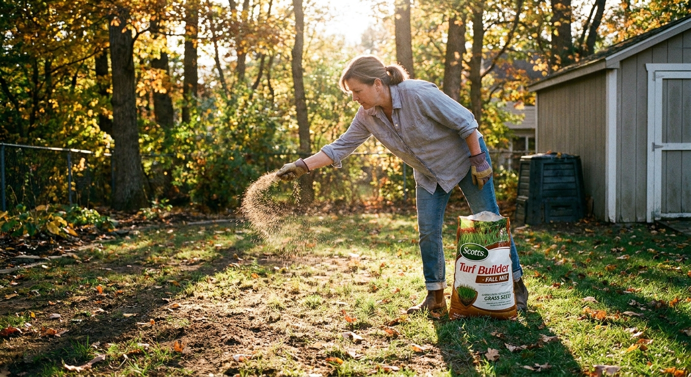 A homeowner spreading grass seed by hand over a thinned backyard lawn in early fall sunlight
