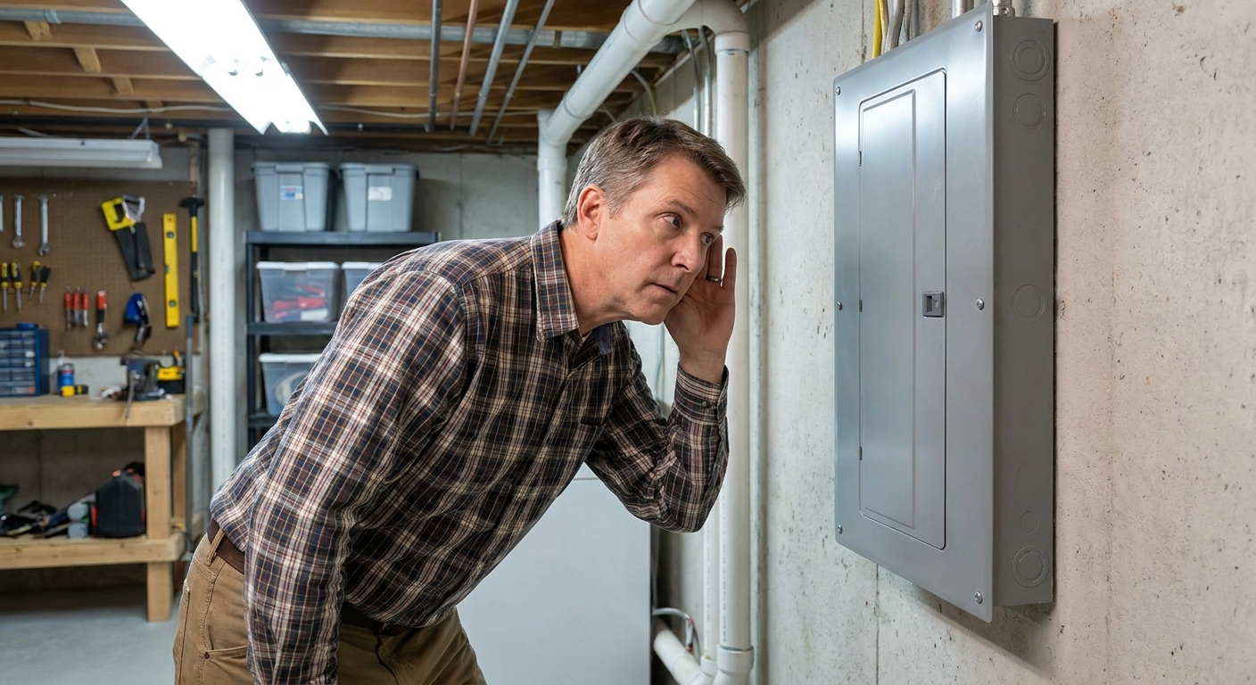 A homeowner standing a few feet from a closed electrical breaker panel door, listening carefully in a well-lit utility area