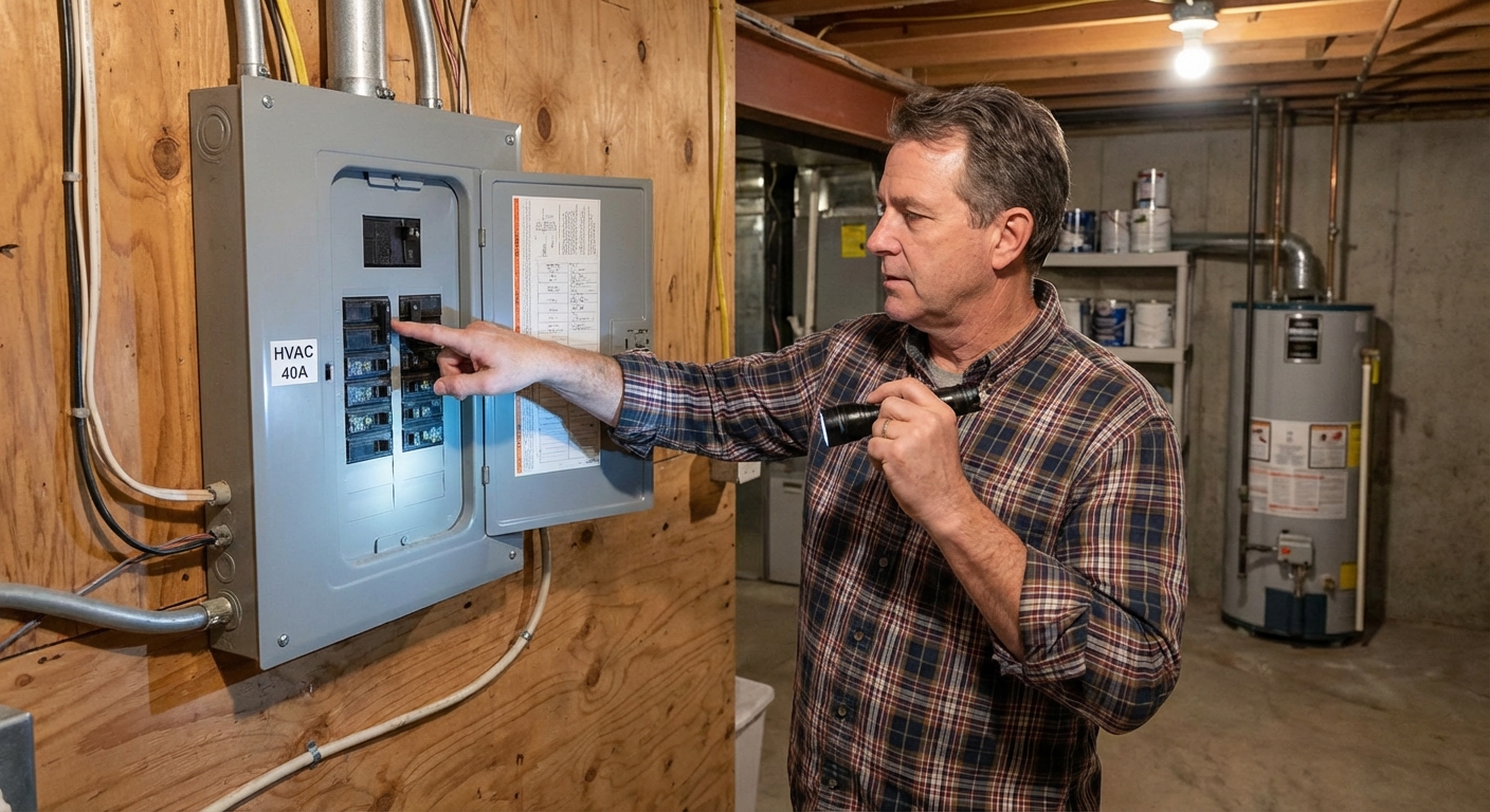 A homeowner standing beside an open electrical breaker panel in a utility area, pointing at a labeled HVAC breaker, realistic indoor photo