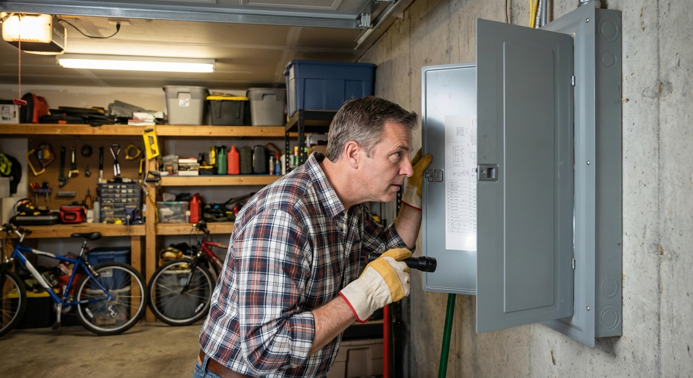 A homeowner standing in a garage looking at an open electrical breaker panel with the panel door swung open