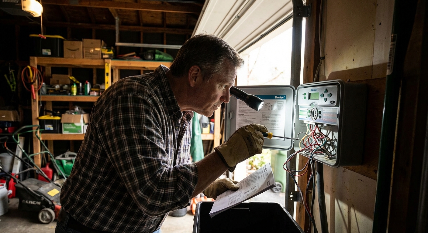 A homeowner standing in a garage next to a wall-mounted irrigation controller with the controller door open, inspecting the wiring and display, natural light, realistic photo