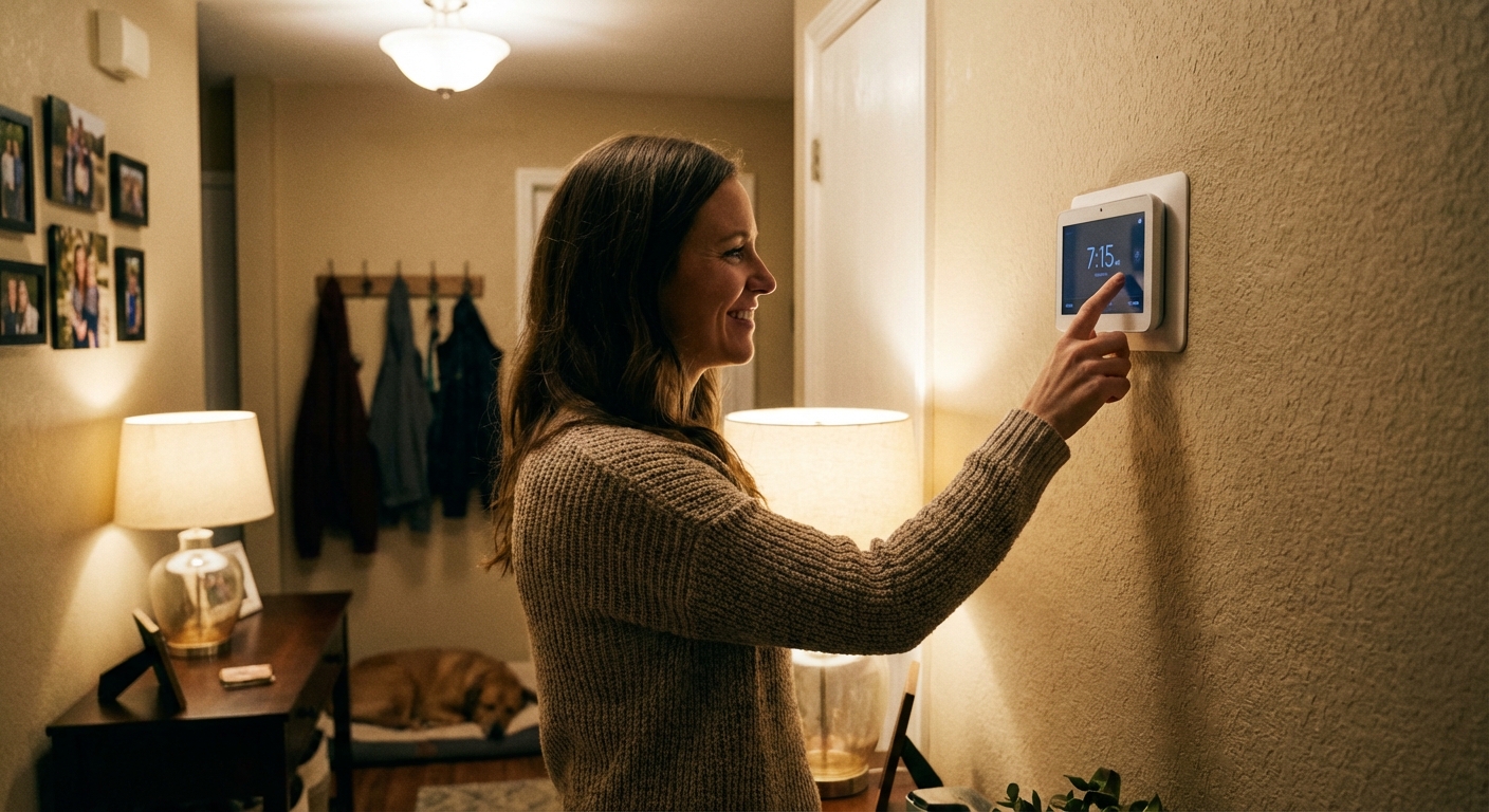 A homeowner standing in a hallway adjusting a digital thermostat on a beige wall, warm indoor lighting, candid real-life home photo