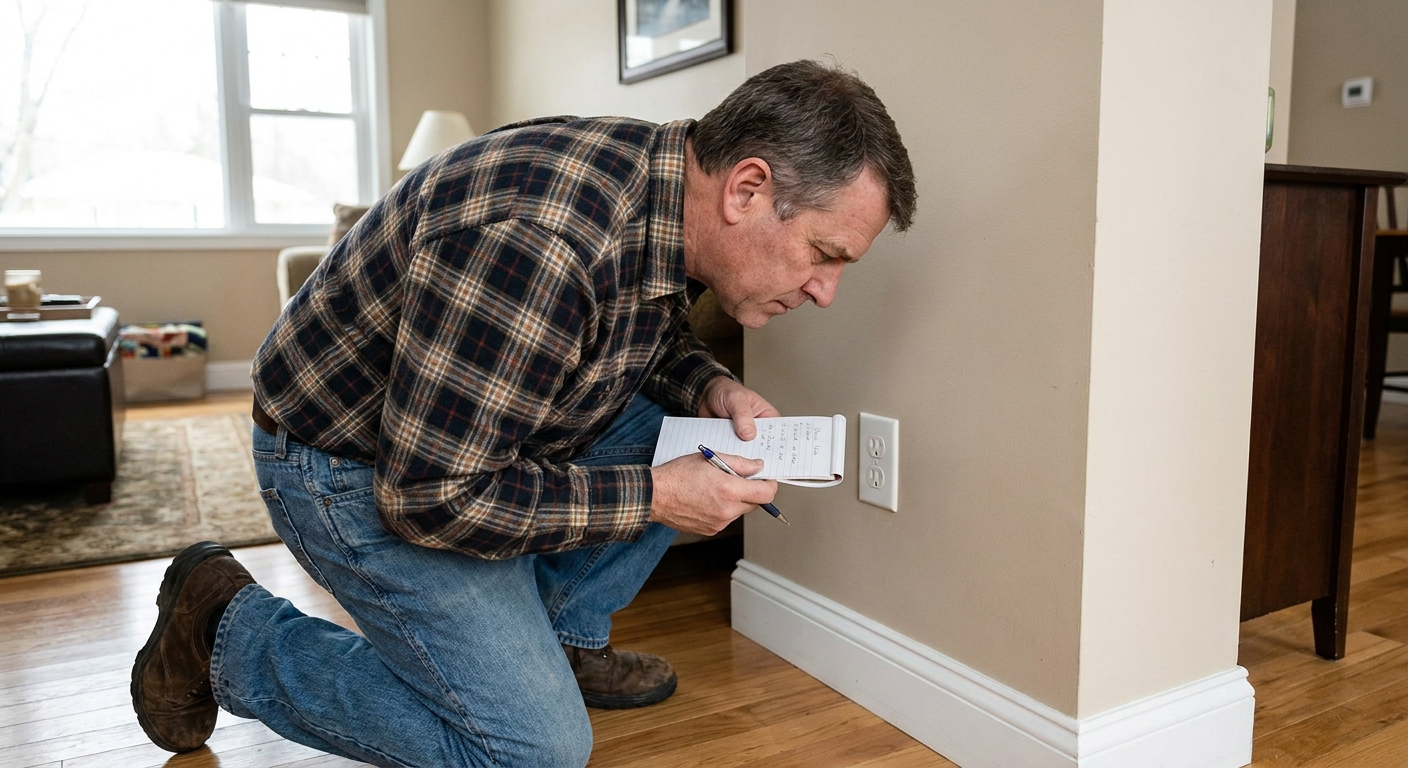 A homeowner standing near an interior wall corner holding a notepad and checking for odor along the baseboard and outlet area, real photo