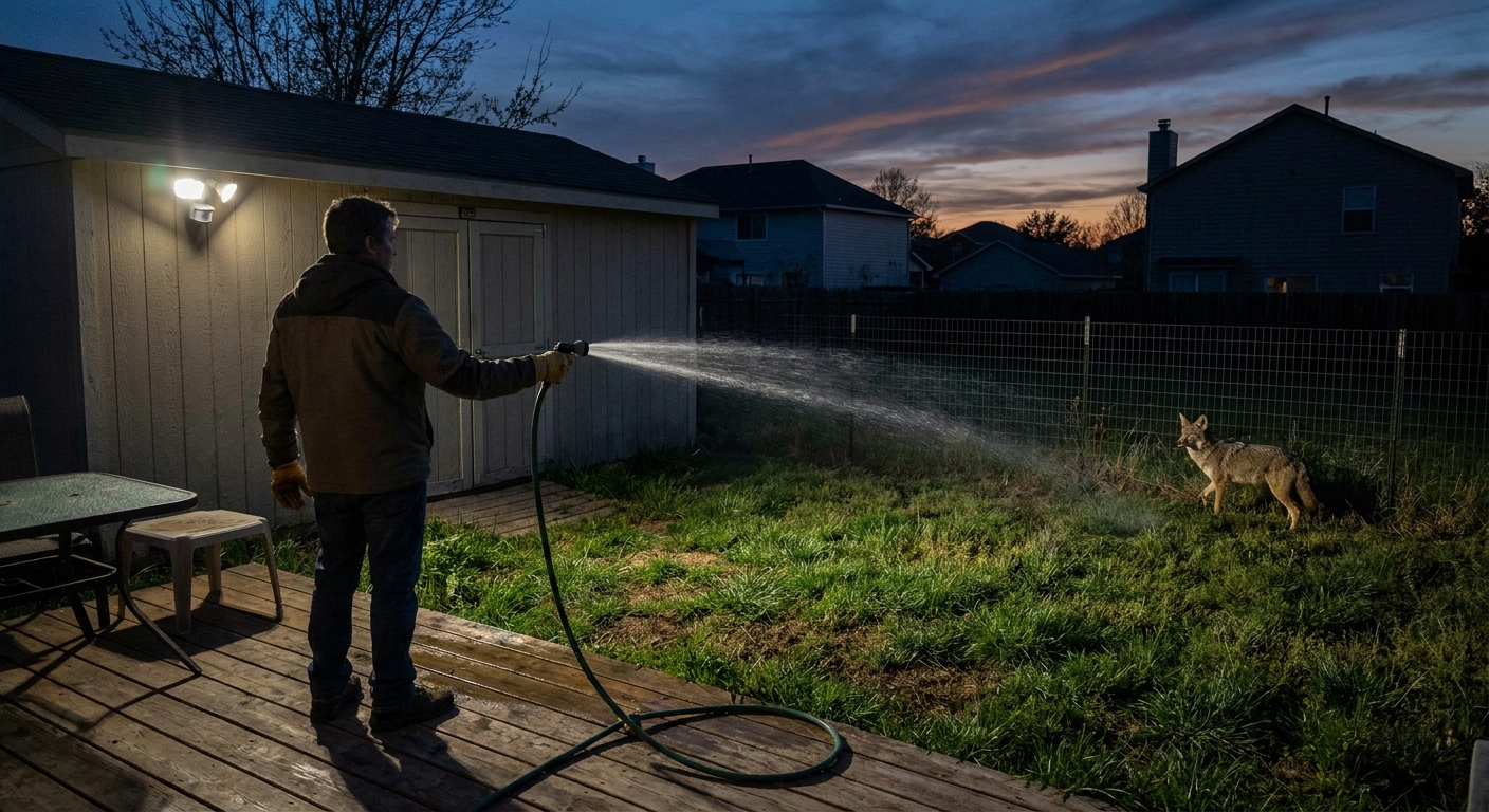 A homeowner standing on a back patio using a garden hose to spray water toward a coyote near the fence line at dusk, realistic wildlife deterrence photo