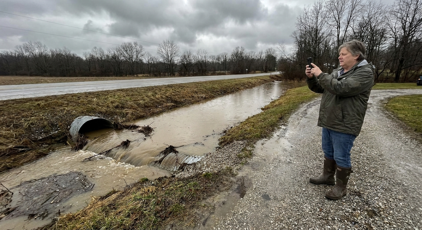 A homeowner standing on a gravel driveway taking a phone photo of a flooded roadside ditch and culvert inlet, overcast day, realistic documentary style