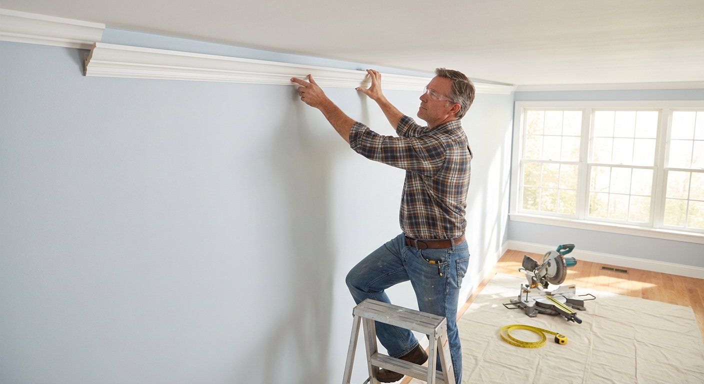 A homeowner standing on a step ladder carefully fitting a long piece of white crown molding against the wall and ceiling in a living room, with a miter saw and tape measure visible in the background, natural window light, photorealistic
