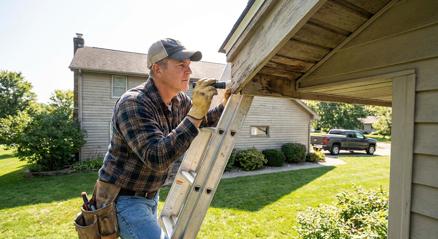 A homeowner standing on an extension ladder inspecting a soffit corner under the roof eave on a sunny day, real home maintenance photography style