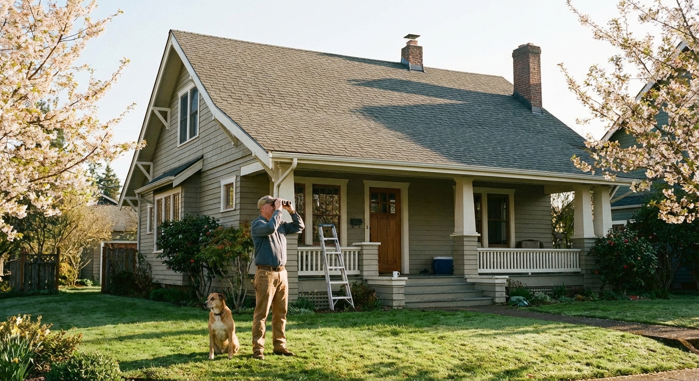 A homeowner standing on the ground using binoculars to inspect roof shingles on a clear spring morning