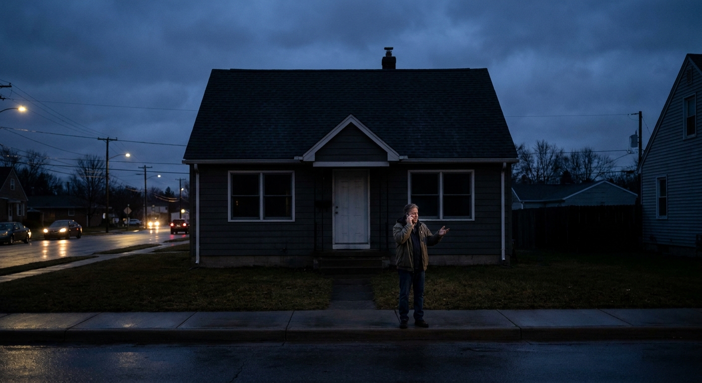 A homeowner standing outside a single-family home at dusk while speaking on a phone, with indoor lights off and the front door closed, realistic news-style photograph