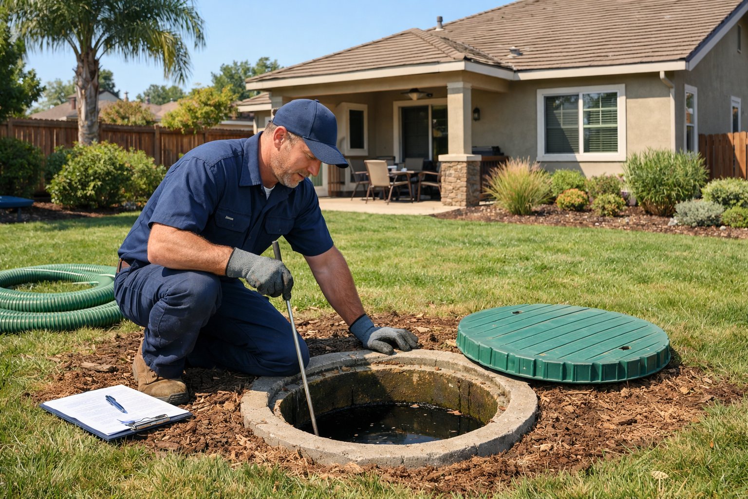 A homeowner standing several feet away in a backyard near a septic tank access area, looking down and sniffing the air cautiously on a clear day, realistic photo