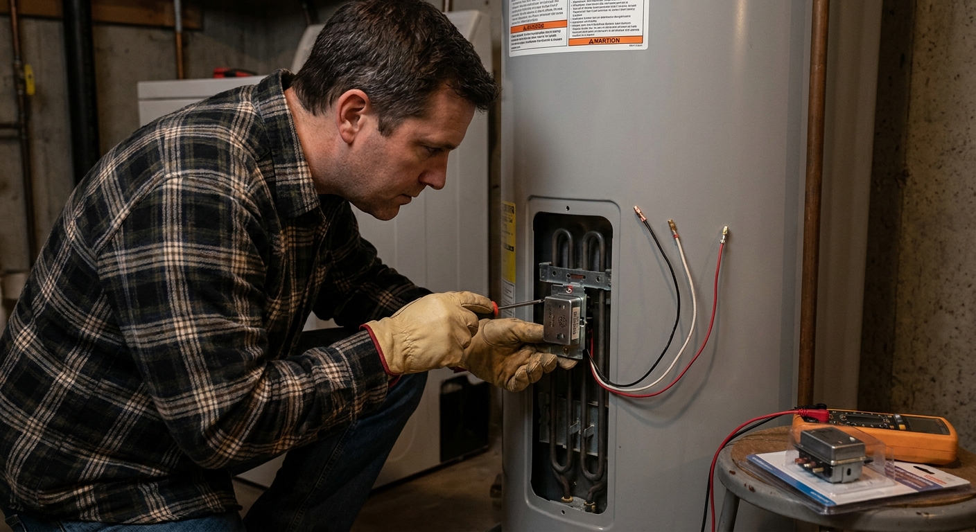 A homeowner swapping a lower thermostat on an electric water heater with wires disconnected and the thermostat clipped into its bracket