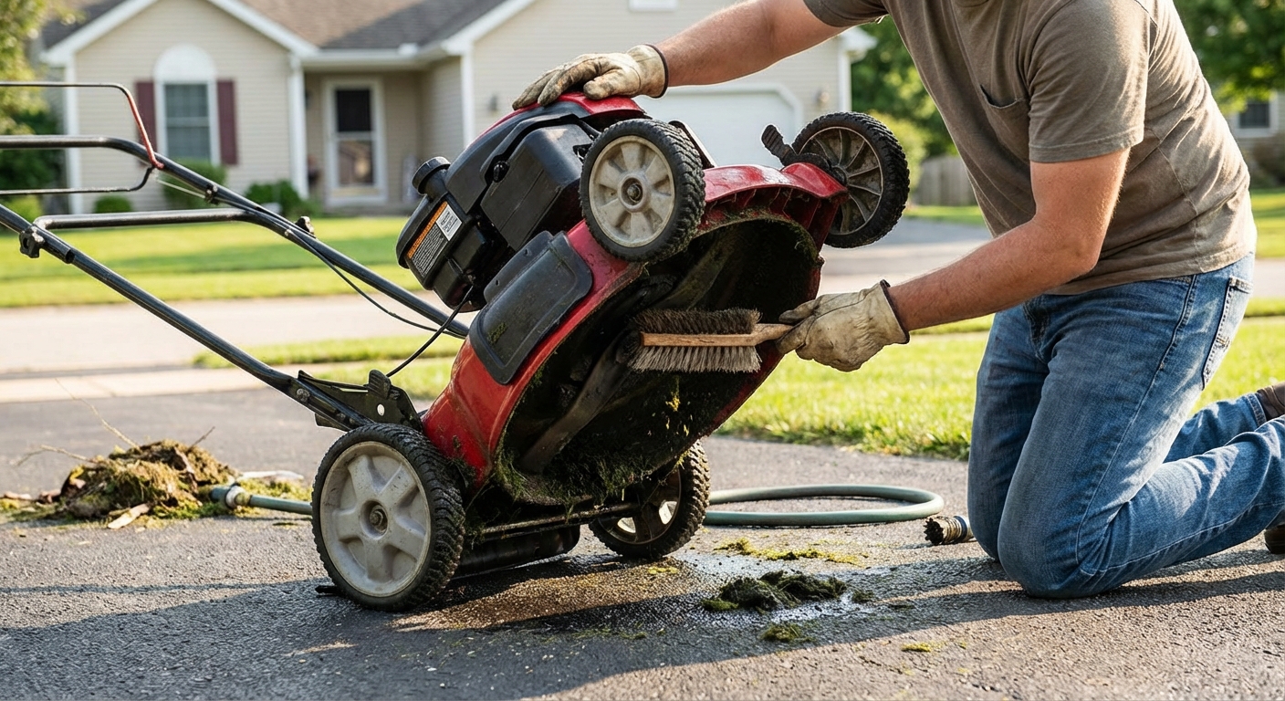 A homeowner tipping a push mower back on a driveway and brushing wet grass clippings off the underside of the mower deck in daylight