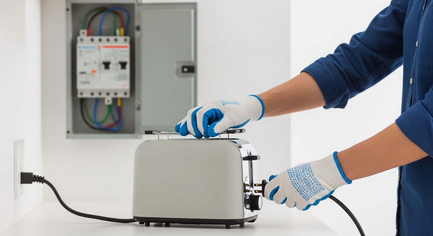A homeowner unplugging a countertop appliance in a kitchen while a nearby outlet and cord are clearly visible, realistic photo