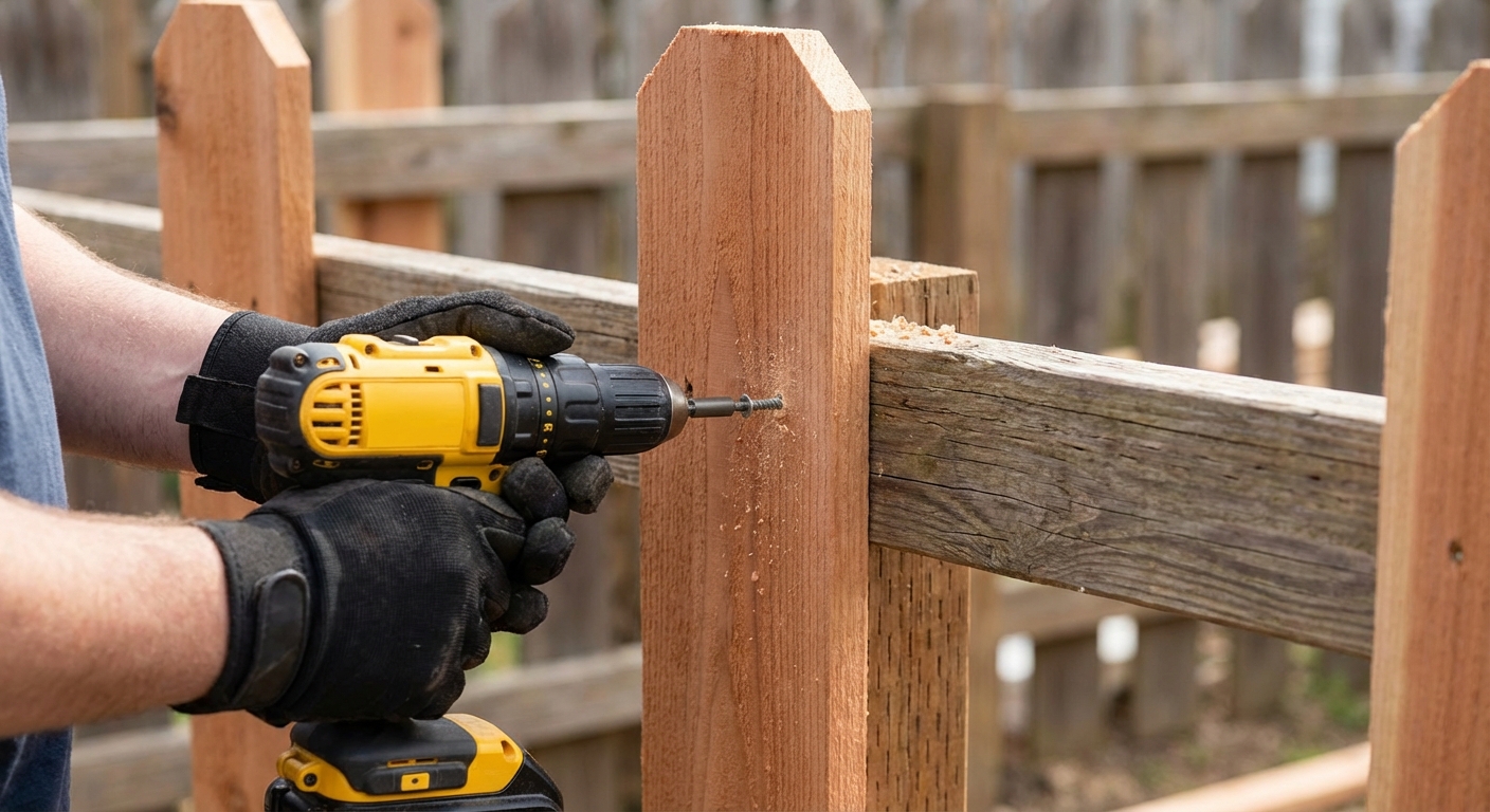 A homeowner using a cordless drill to screw a new cedar fence picket onto horizontal rails, close-up hands and tools, photorealistic