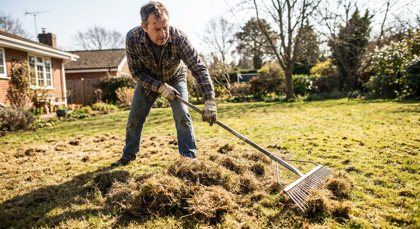 A homeowner using a dethatching rake to pull up brown thatch from a lawn in daylight