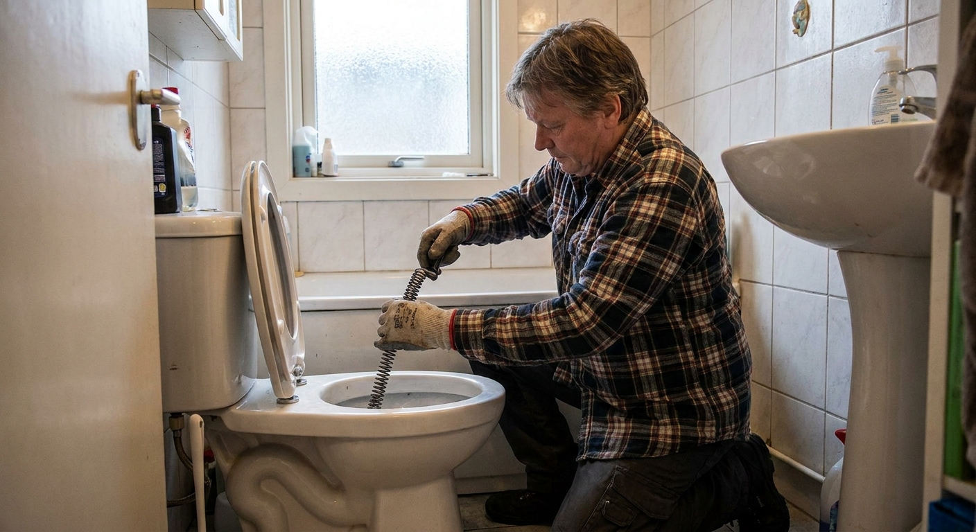 A homeowner using a hand-crank toilet auger inserted into a toilet bowl in a small bathroom, real photo