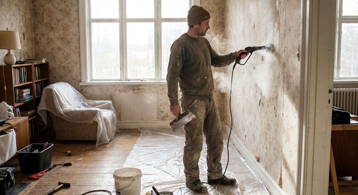 A homeowner using a handheld wallpaper steamer against an old patterned wallpaper in a lived-in room, with a wide putty knife in the other hand and a drop cloth on the floor, natural window light, photorealistic