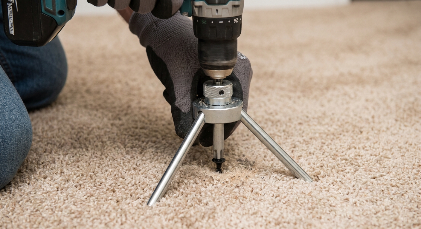 A homeowner using a metal depth-setting tripod on a carpeted floor while driving a breakaway screw with a drill, realistic close-up indoor photograph