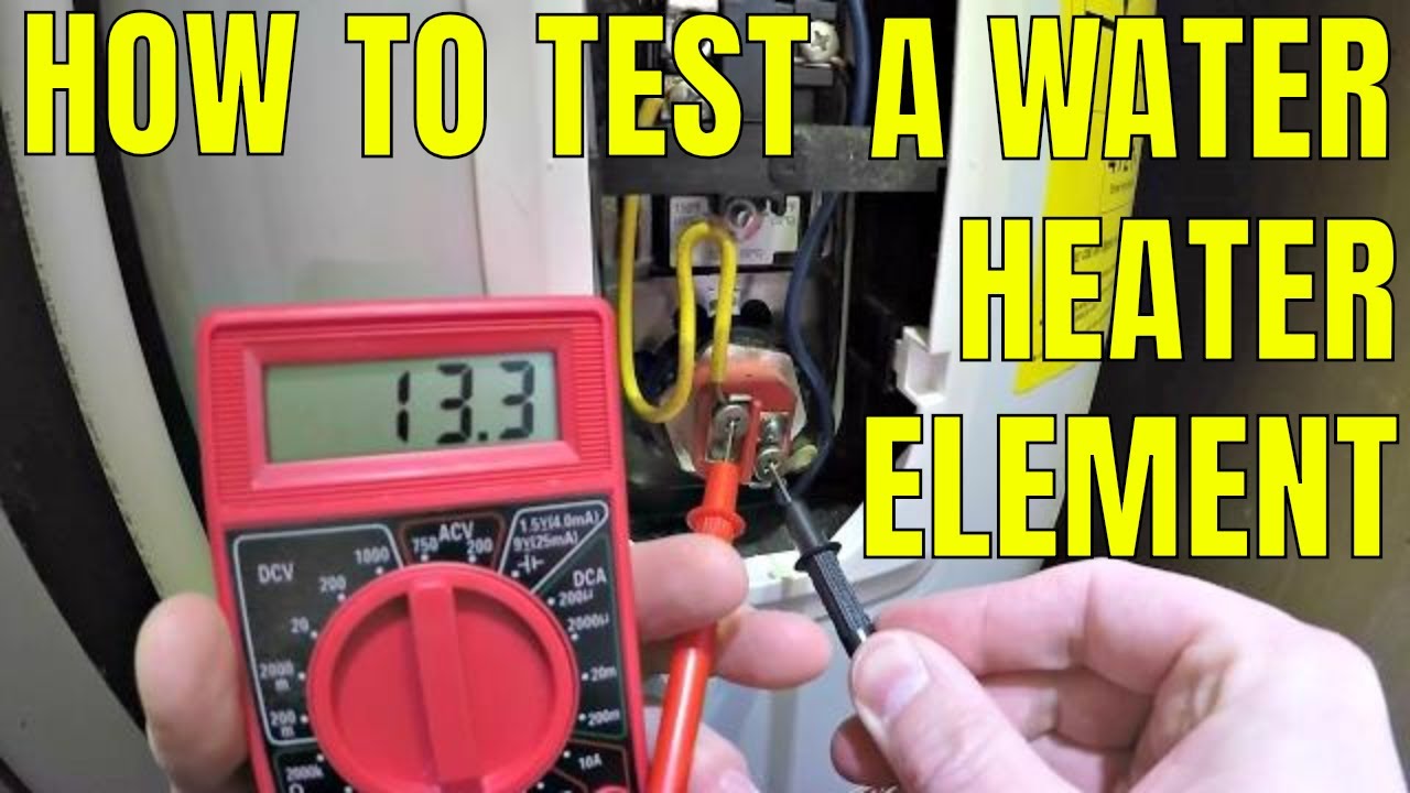 A homeowner using a multimeter to test the resistance on an electric water heater heating element terminals with the power off, close up utility room photo